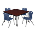 36" Square Mobile Table with 4 Blue Stack Chairs I75669