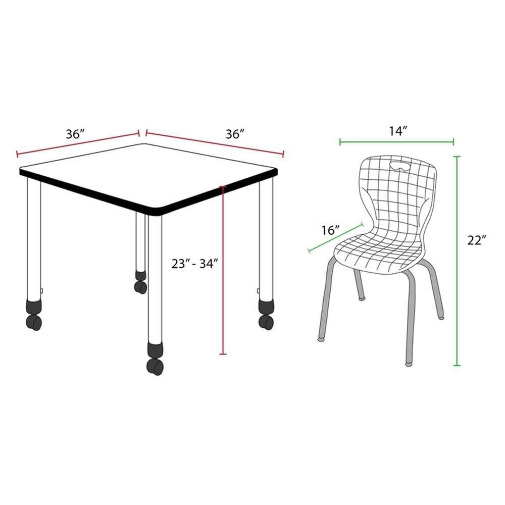 36" Square Mobile Table with 4 Blue Stack Chairs I75669