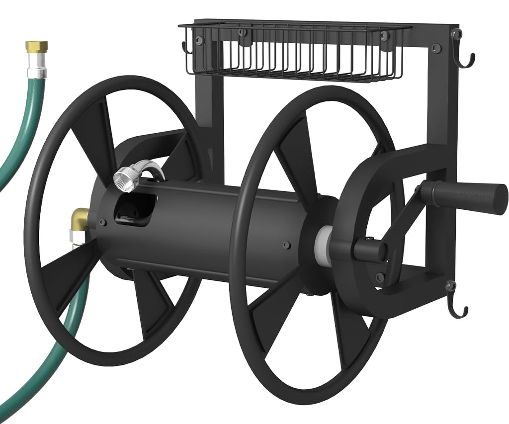 Wall Mounted Hose Reel with Storage Basket, Black R2274
