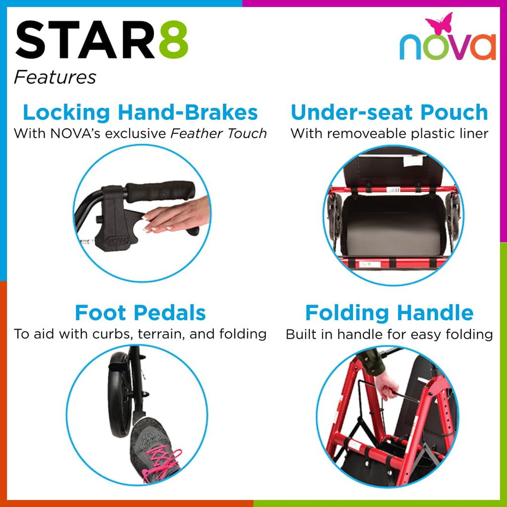 Heavy Duty Petite Rollator Walker with Padded Seat, 8" Wheels, Red V8942