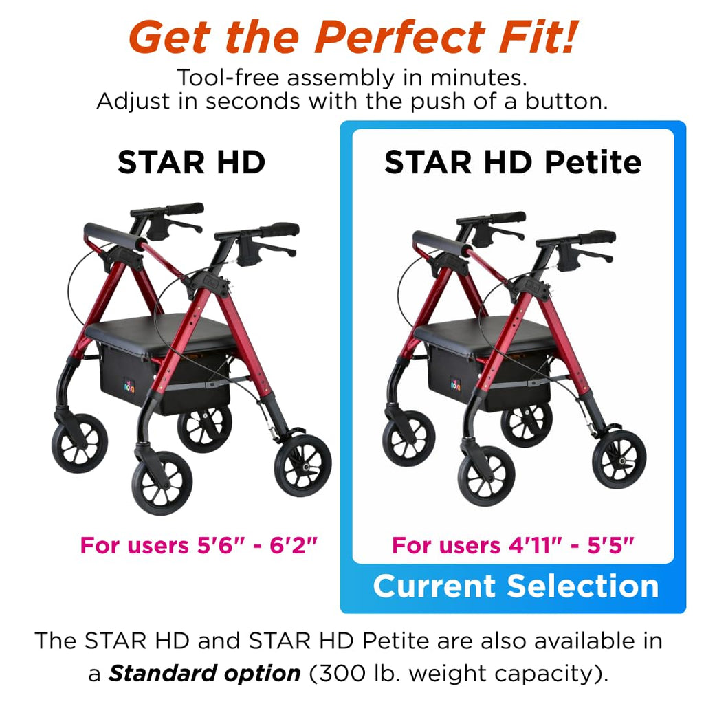 Heavy Duty Petite Rollator Walker with Padded Seat, 8" Wheels, Red V8942