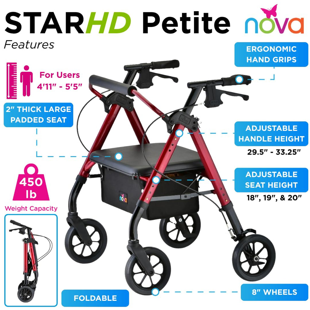 Heavy Duty Petite Rollator Walker with Padded Seat, 8" Wheels, Red V8942