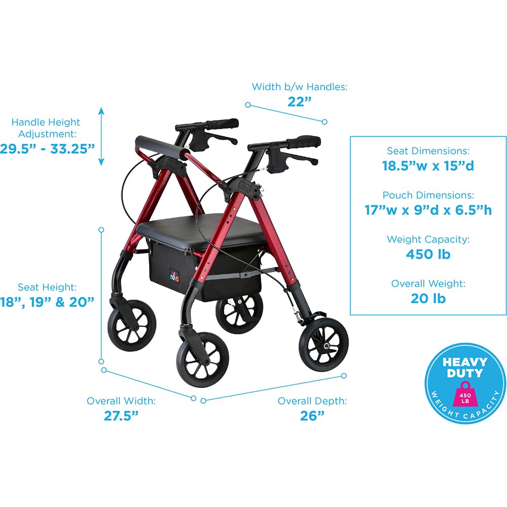 Heavy Duty Petite Rollator Walker with Padded Seat, 8" Wheels, Red V8942