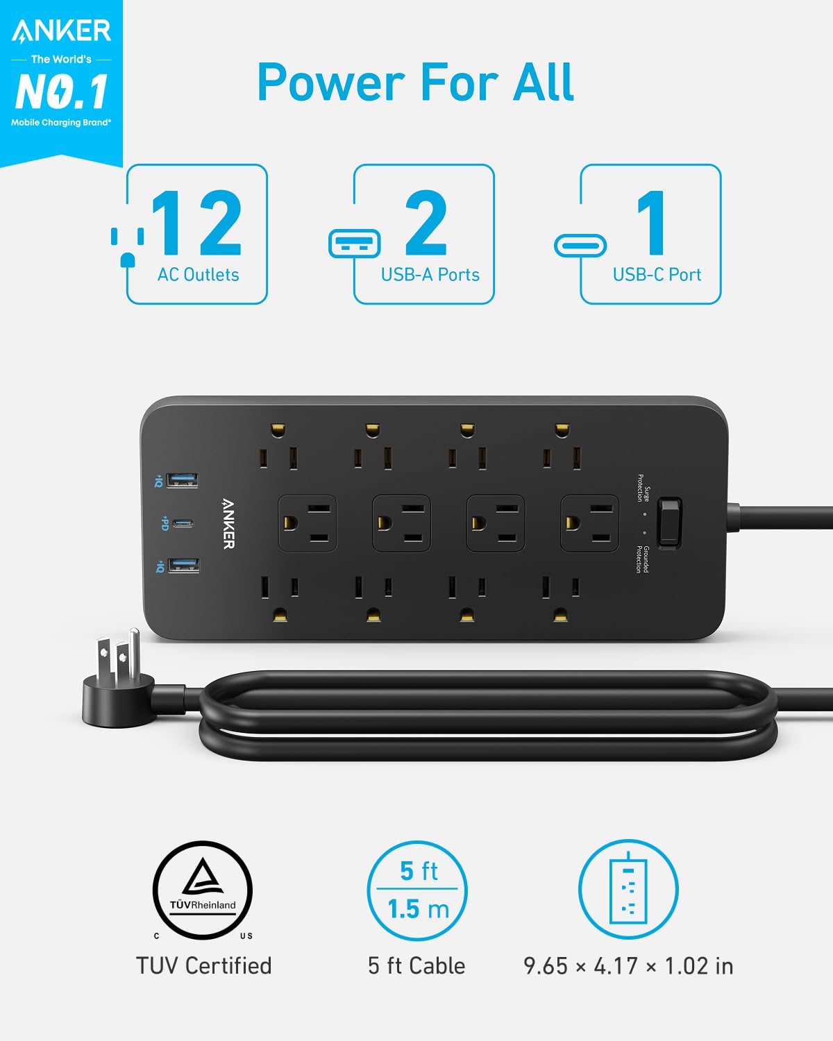 Power Strip with Surge Protector, Outlet Extender, 20W, 12 AC N9724