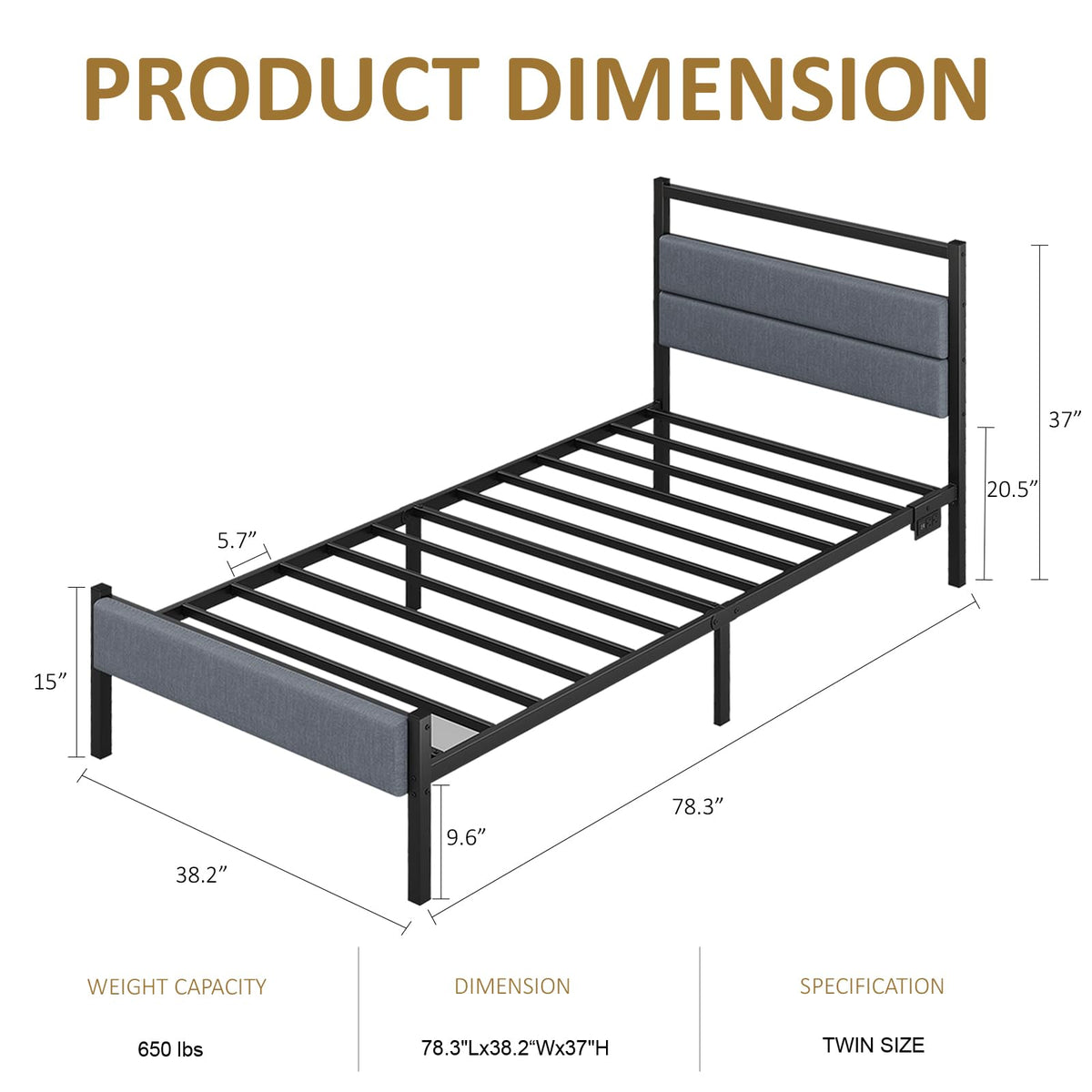 Twin Bed Frame with Charging Station, LED Lights, Grey Upholstered Headboard, Under Bed Storage E7655