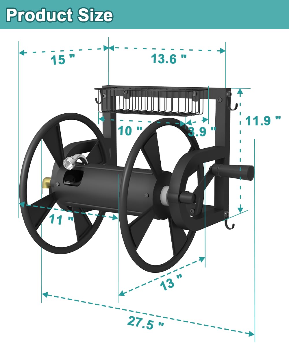 Wall Mounted Hose Reel with Storage Basket, Black R2274