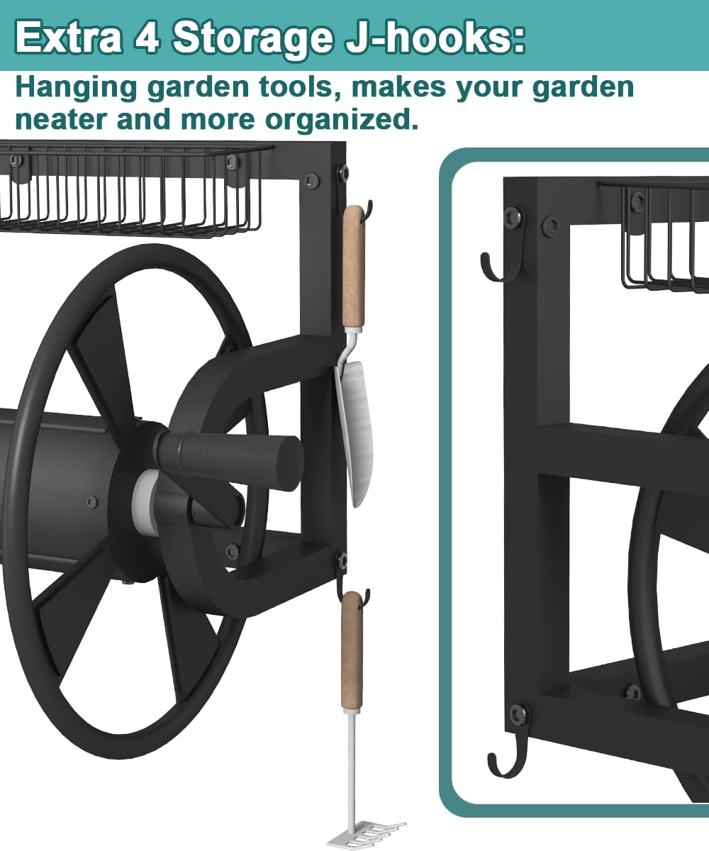 Wall Mounted Hose Reel with Storage Basket, Black R2274
