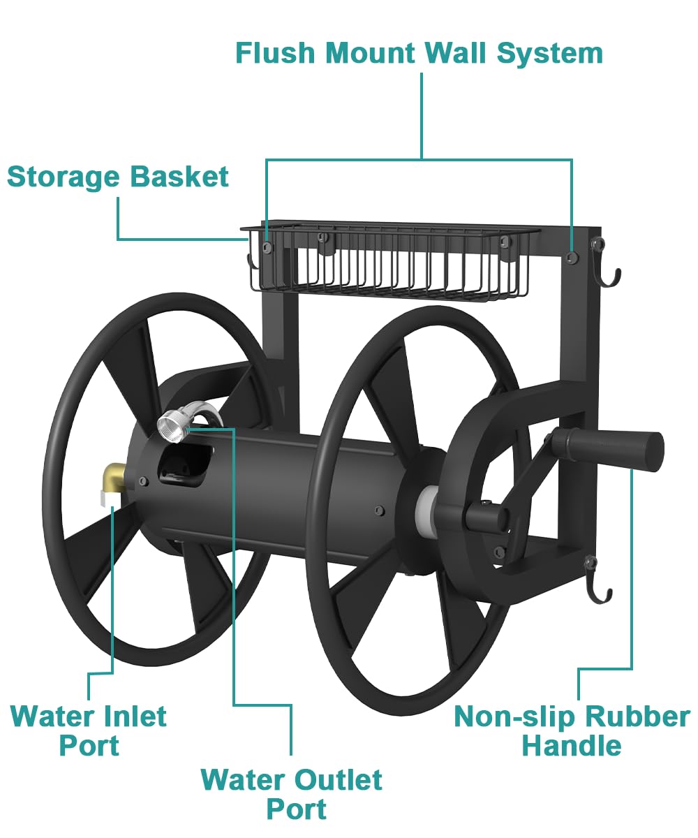 Wall Mounted Hose Reel with Storage Basket, Black R2274
