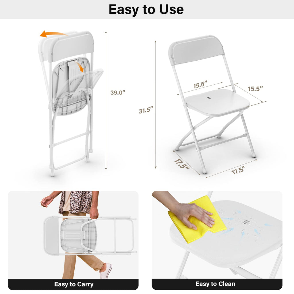 White Plastic Folding Chairs, Set of 2, Steel Frame E18646