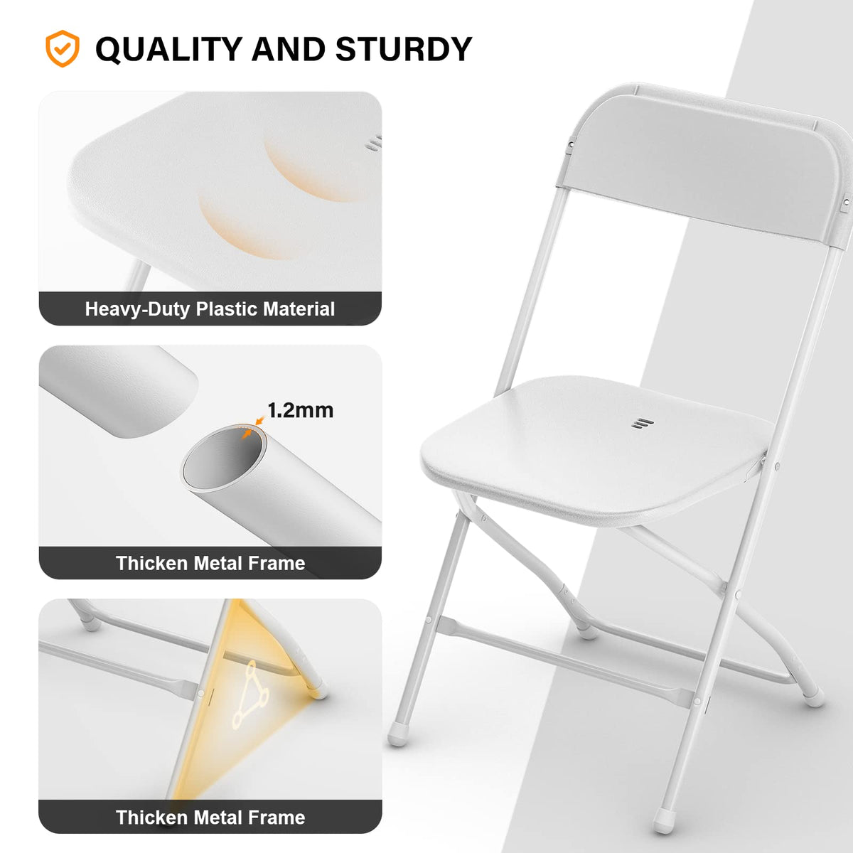 White Plastic Folding Chairs, Set of 2, Steel Frame E18646
