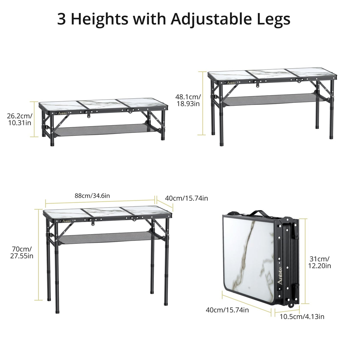 3ft Folding Camping Table, 3 Adjustable Height Q3612