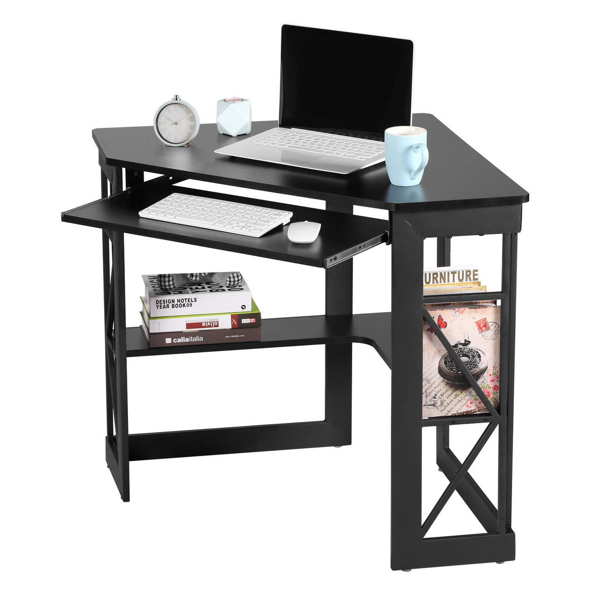 Black Corner Computer Desk with Keyboard Tray D9438