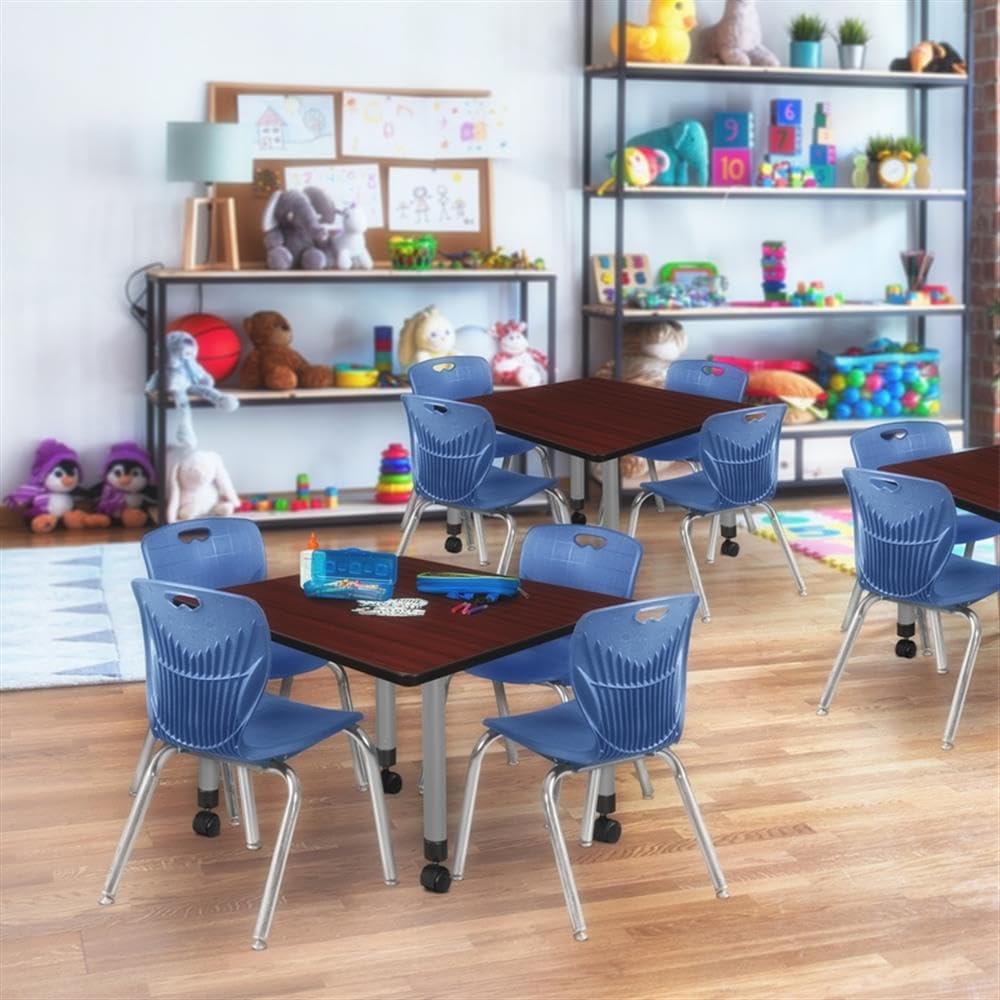 36" Square Mobile Table with 4 Blue Stack Chairs I75669