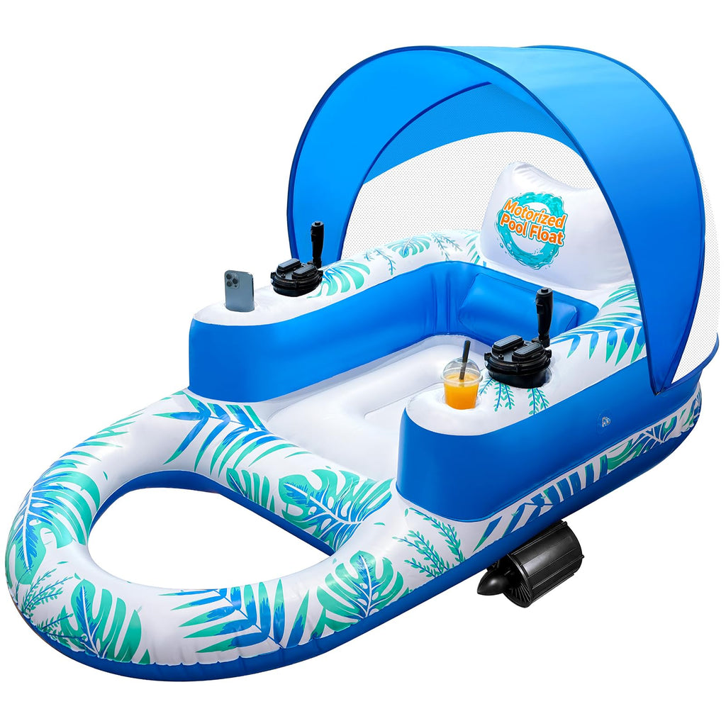 Rechargeable Motorized Pool Float Lounger with Canopy and Cup Holder L1208