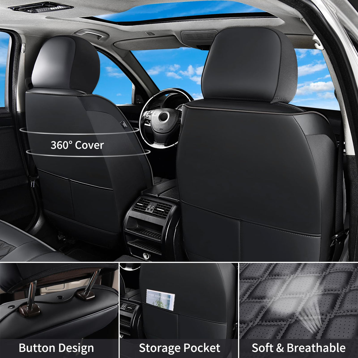 Leather Pickup Seat Cushion Cover Full Set Black H35970