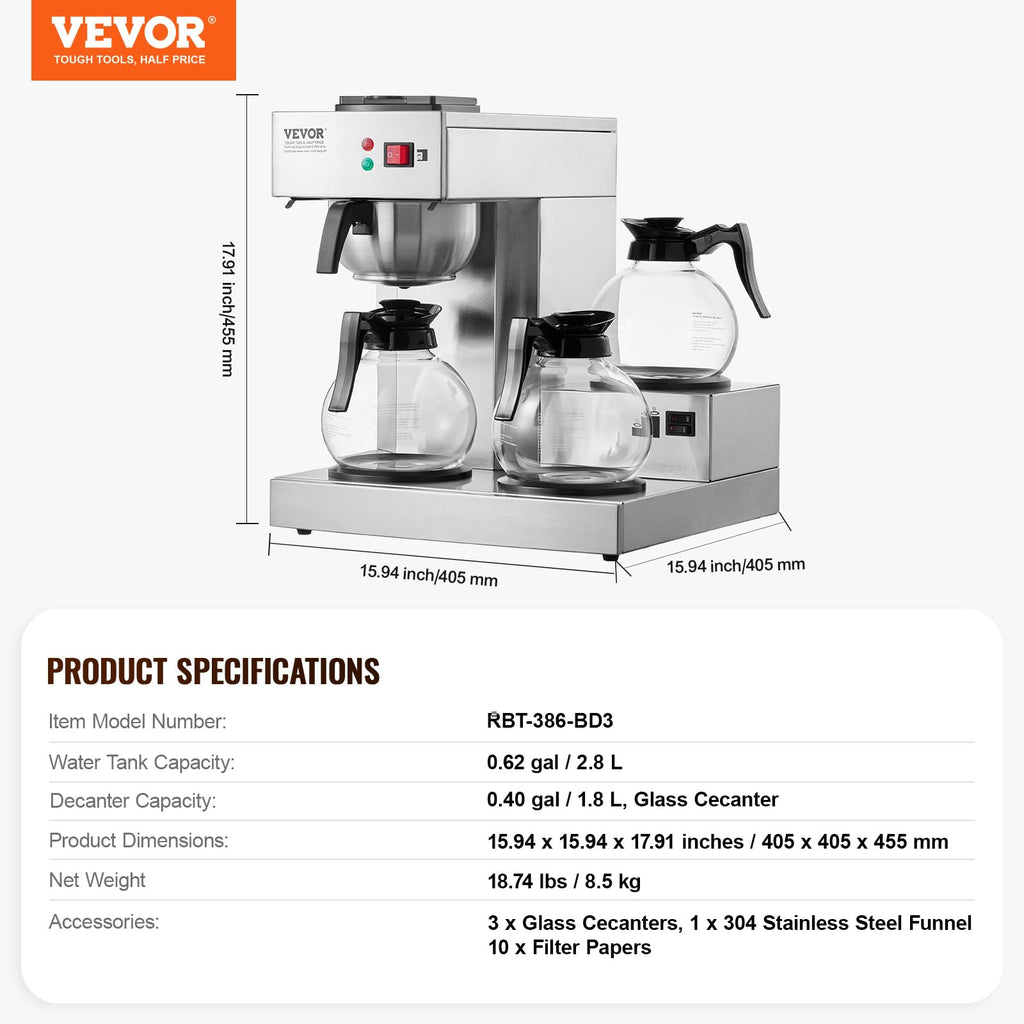 12 Cups Commercial Drip Coffee Maker with 3 Glass Carafes and Warmer Plates U699172