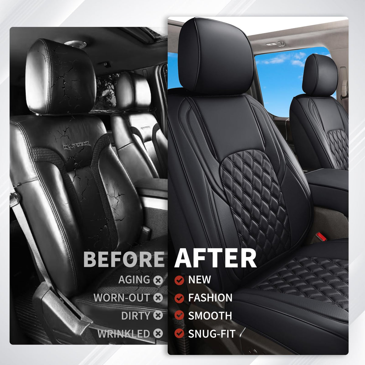 Leather Pickup Seat Cushion Cover Full Set Black H35970