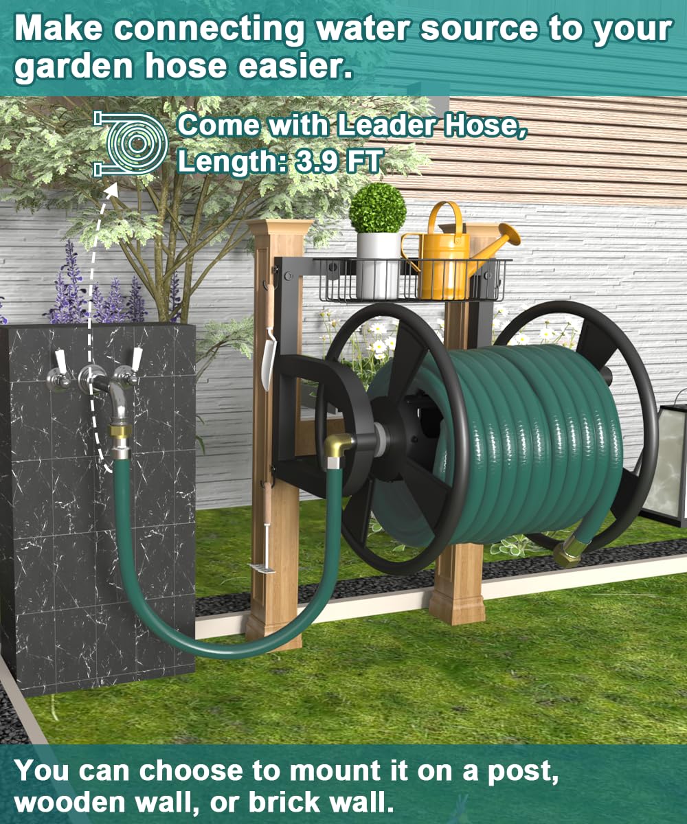 Wall Mounted Hose Reel with Storage Basket, Black R2274