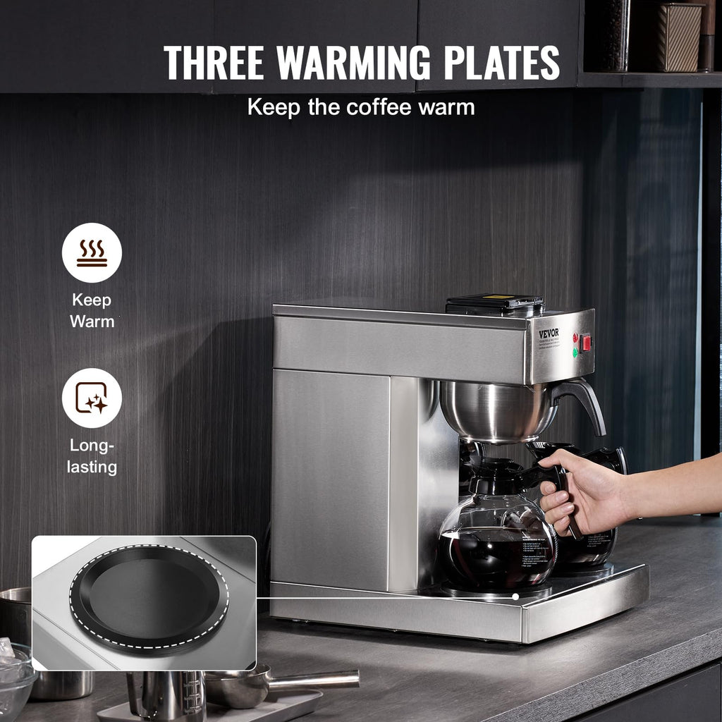 12 Cups Commercial Drip Coffee Maker with 3 Glass Carafes and Warmer Plates U699172