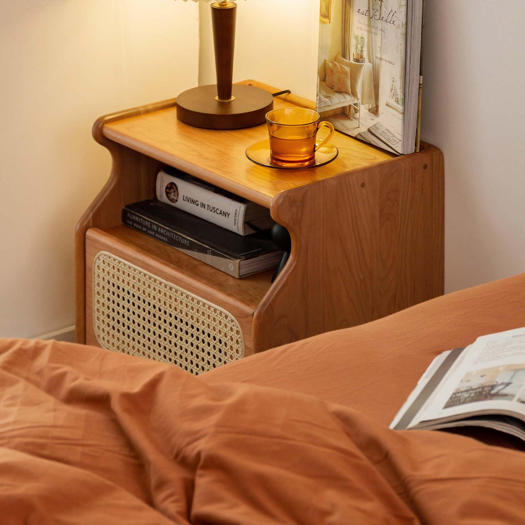 Cherry Wood Rattan Nightstand with Drawer T354