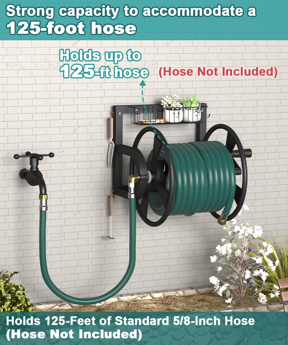 Wall Mounted Hose Reel with Storage Basket, Black R2274