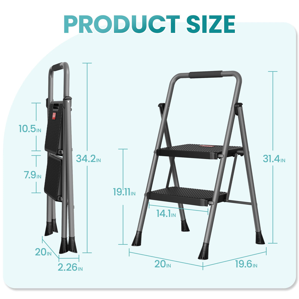 2 Step Folding Step Ladder 300 lbs Capacity with Handrail Gray X728073