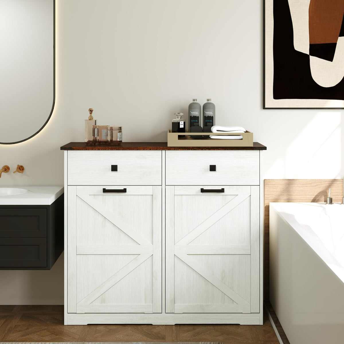 White 20 Gallon Wooden Tilt Out Trash Cabinet L95804