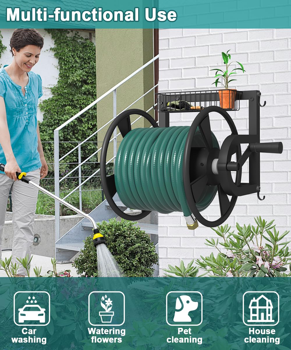Wall Mounted Hose Reel with Storage Basket, Black R2274