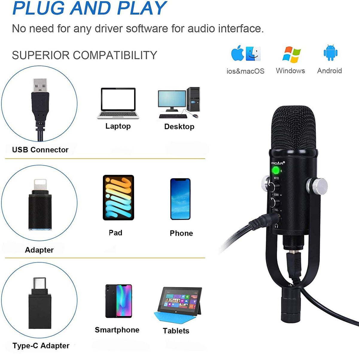 USB Condenser Microphone Kit with Boom Arm O876638