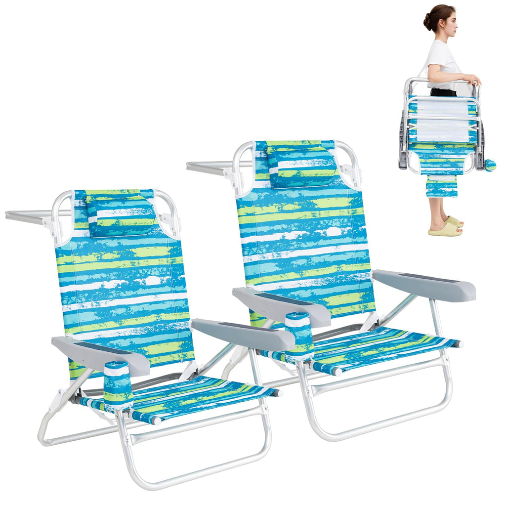 2Pcs Folding Camping Chair with Adjustable Backrest, Cup Holder & Headrest, Green J3327