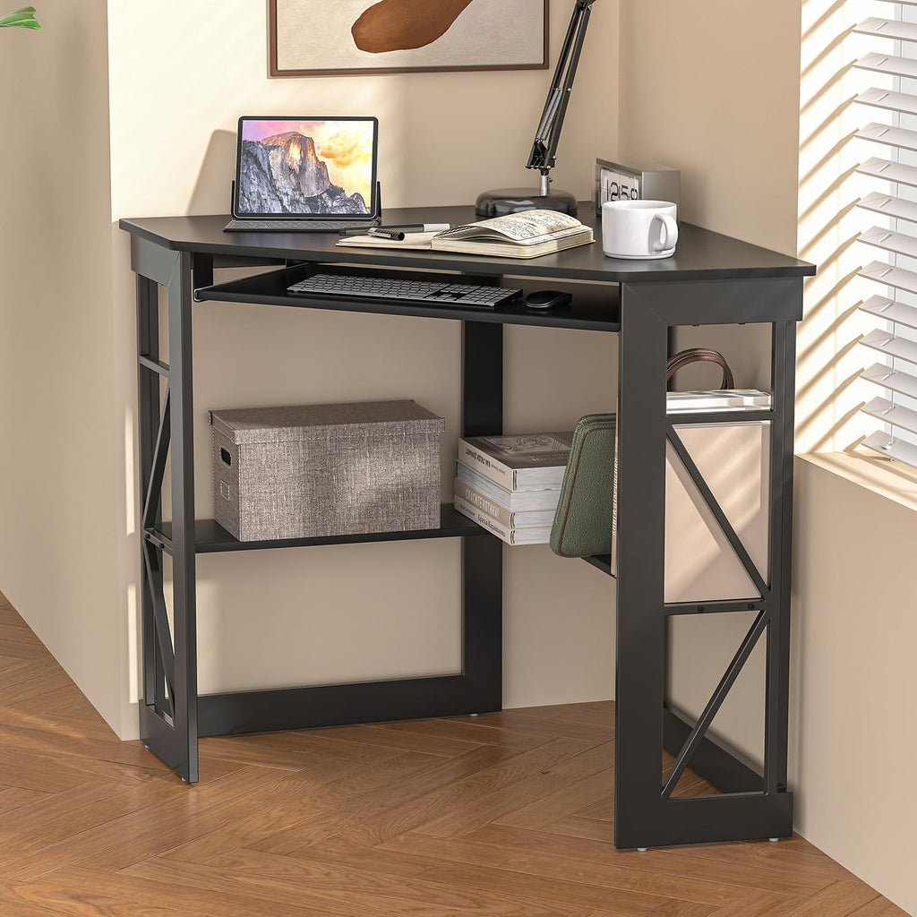 Black Corner Computer Desk with Keyboard Tray D9438
