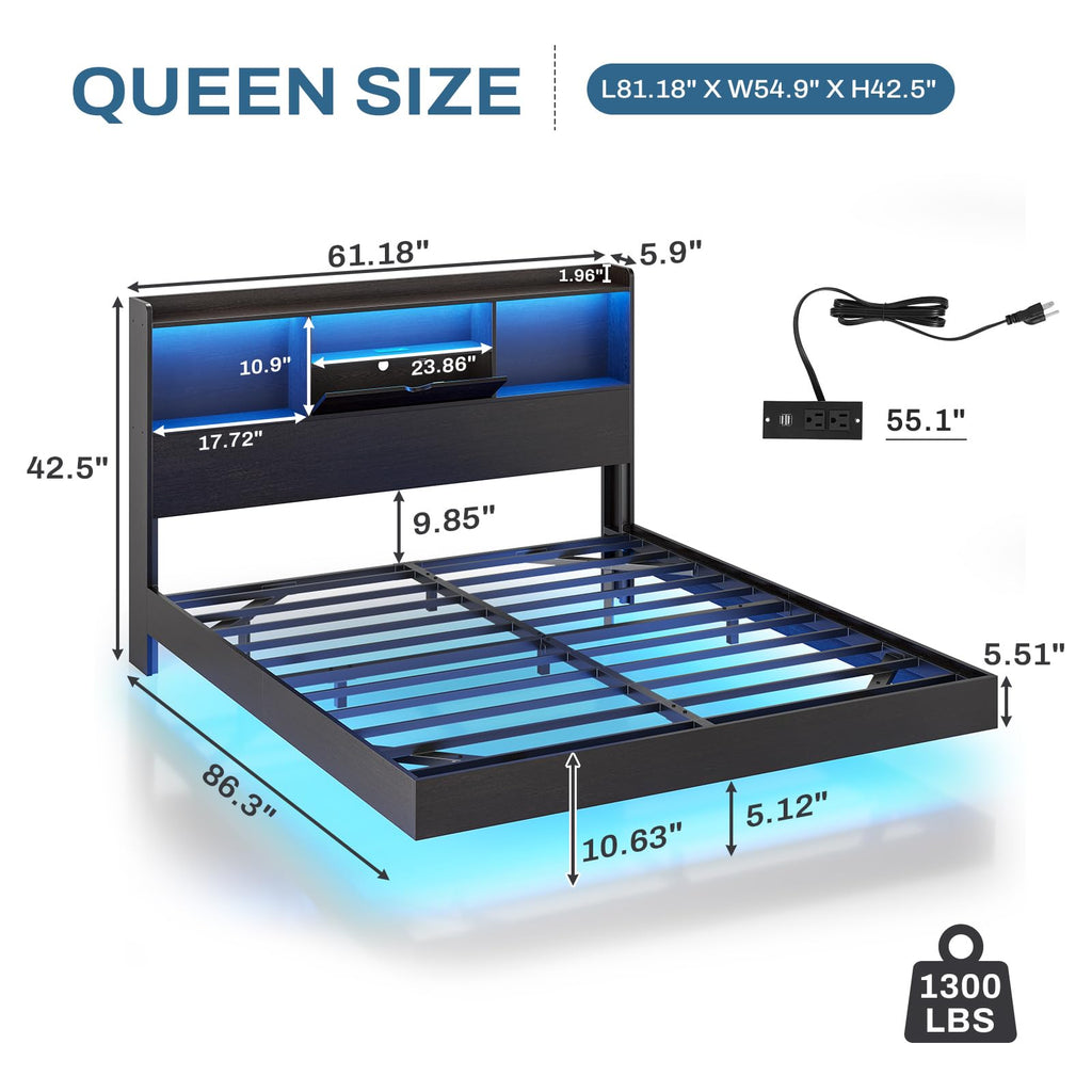 Queen Size Metal Platform Bed Frame with LED Lights and Storage Headboard R98991