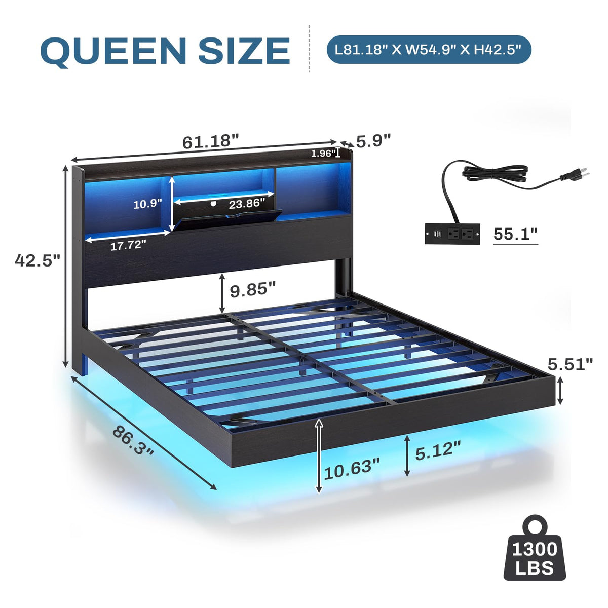 Queen Size Metal Platform Bed Frame with LED Lights and Storage Headboard R98991