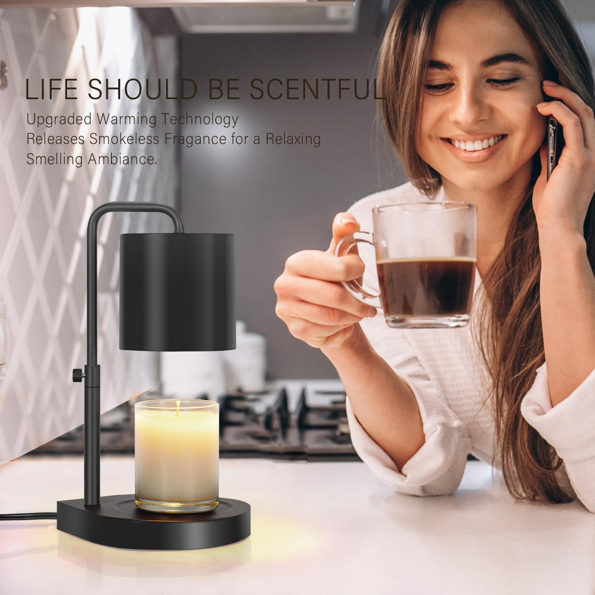 Black Adjustable Height Dimmable Candle Warmer Lamp with Timer Y829559