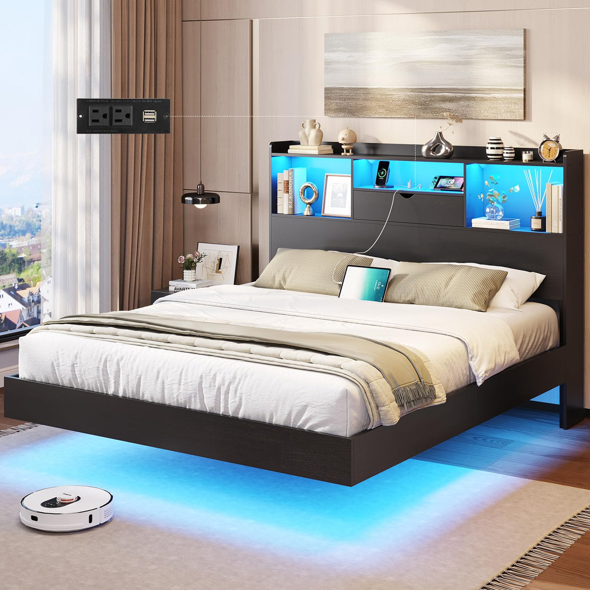 Queen Size Metal Platform Bed Frame with LED Lights and Storage Headboard R98991
