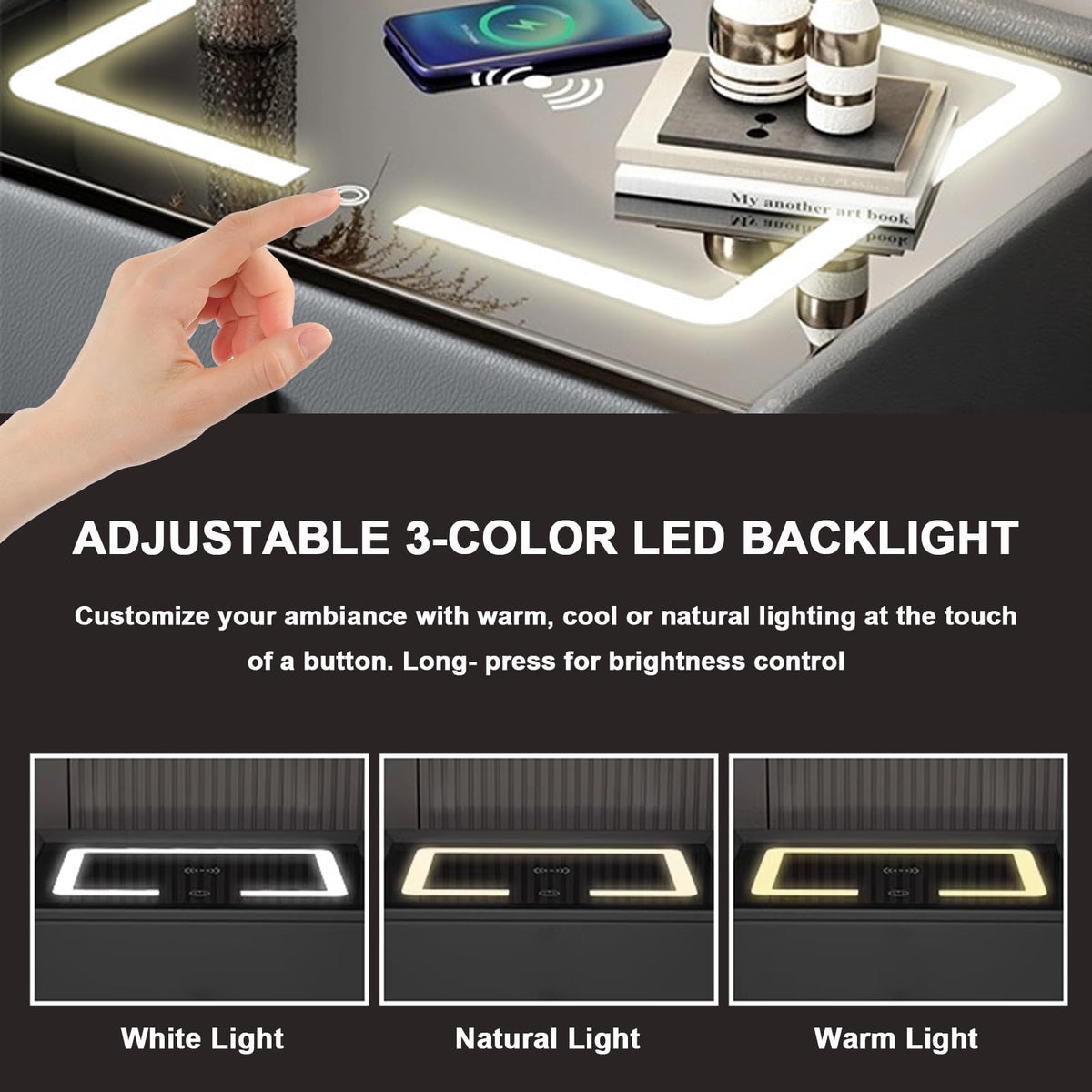 White 3 Drawer LED Nightstand with Wireless Charging L490665