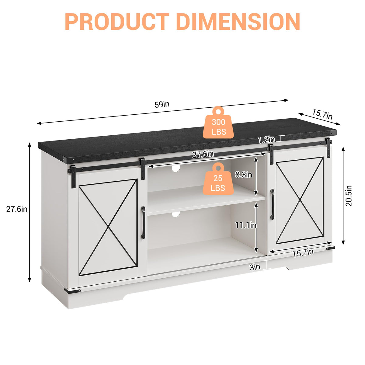 Farmhouse TV Stand with Sliding Barn Doors and Adjustable Shelves V3028
