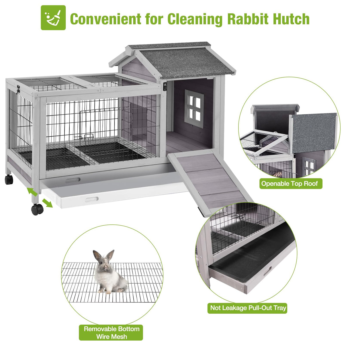 Wooden Rabbit Hutch with Removable Wire Netting and Leak Proof Tray K7911
