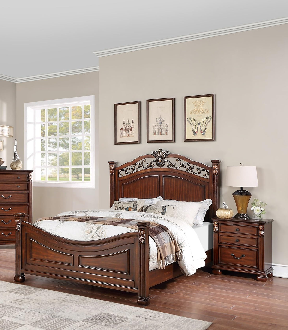 Dark Cherry California King Size Bed 3pc Set with Nightstands J1269