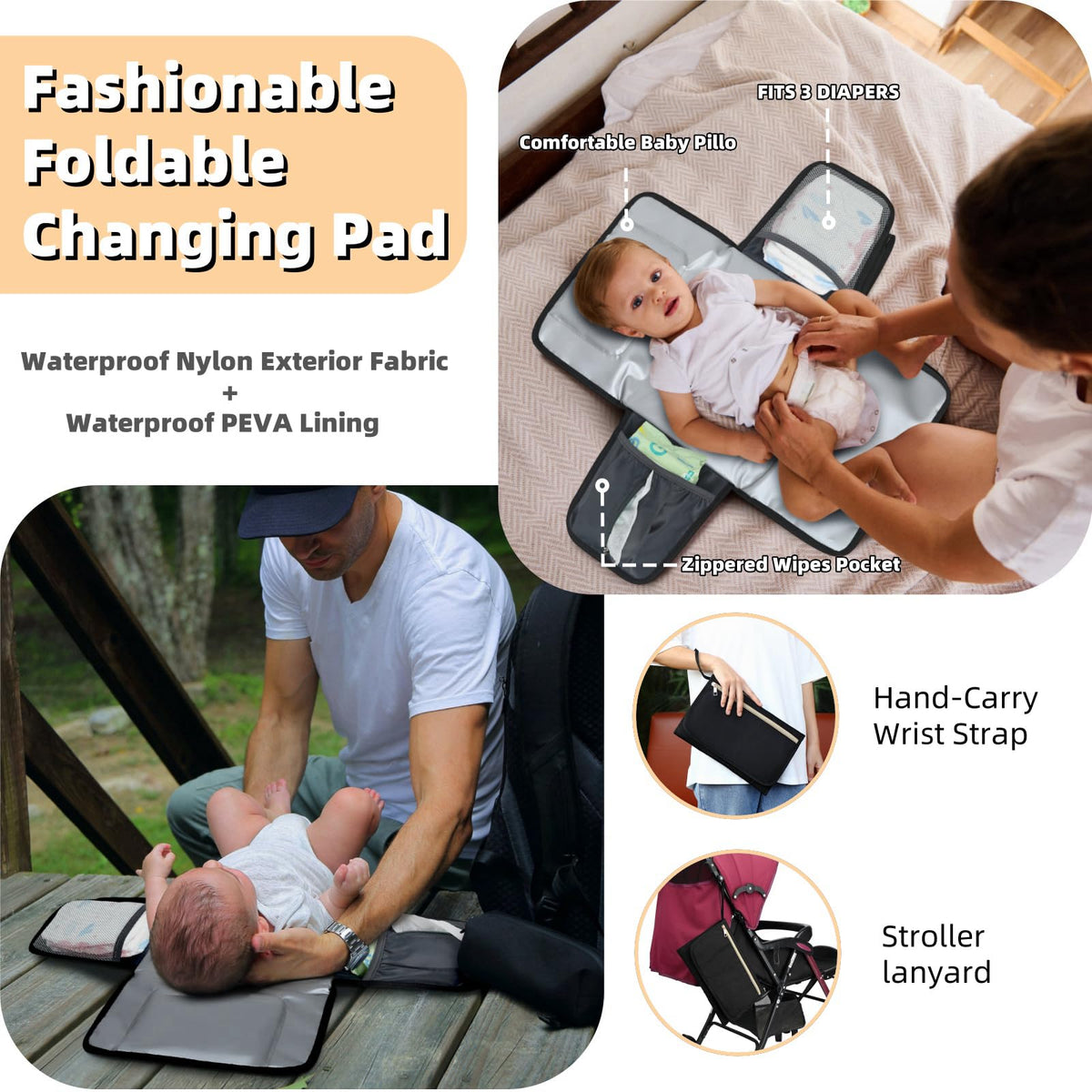 Black Waterproof Quilted Diaper Bag Backpack with Changing Pad A7253
