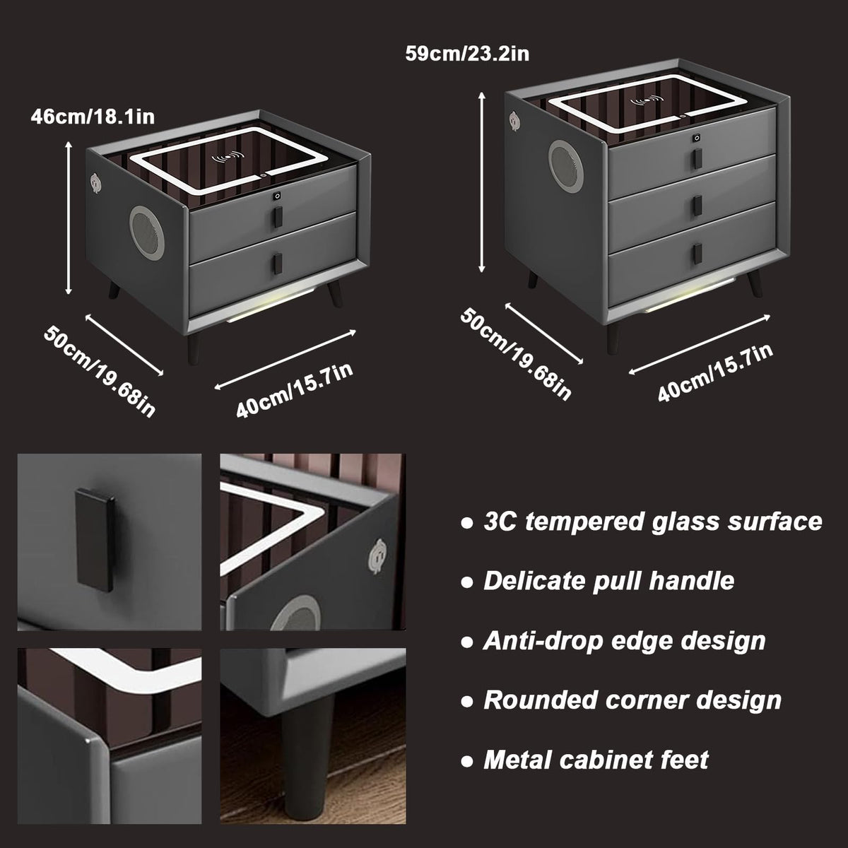 White 3 Drawer LED Nightstand with Wireless Charging L490665