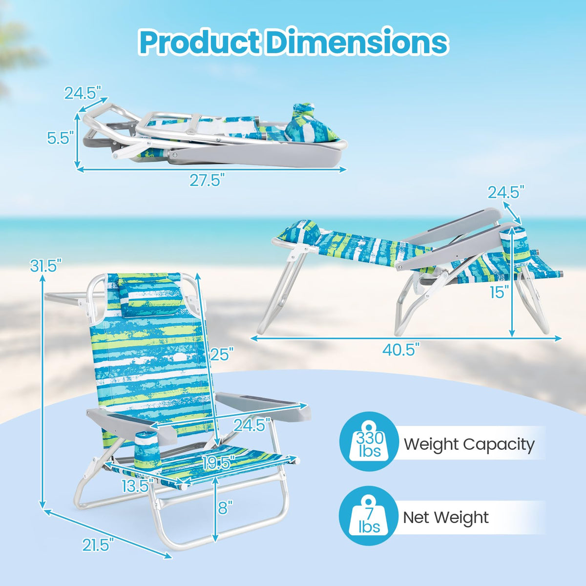 2Pcs Folding Camping Chair with Adjustable Backrest, Cup Holder & Headrest, Green J3327