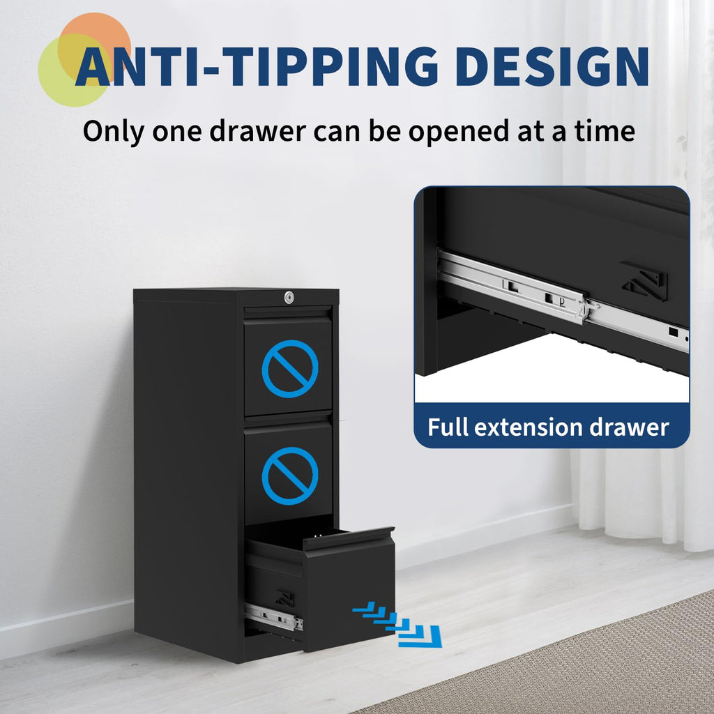 3 Drawer Metal File Cabinet with Lock, Black Q598647