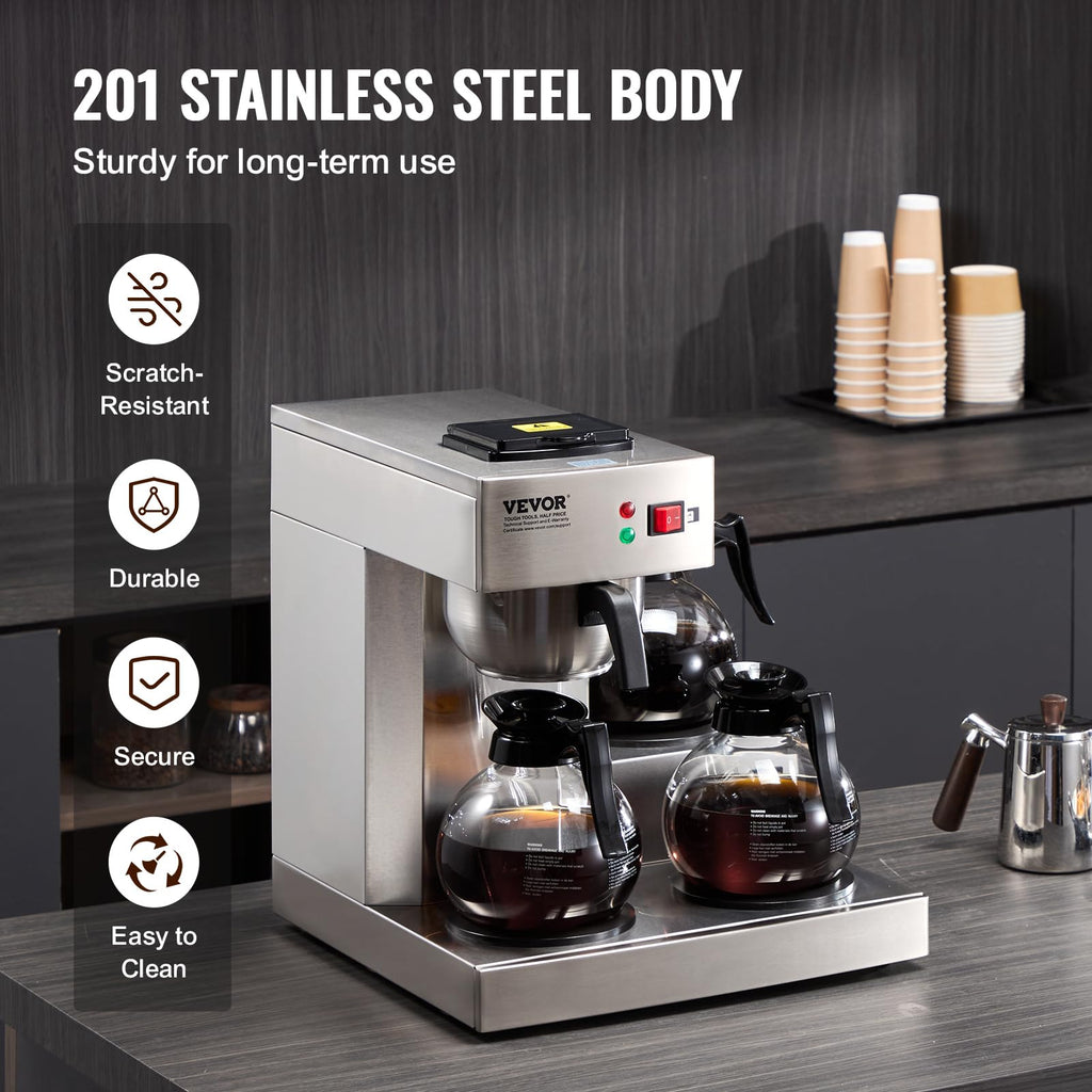12 Cups Commercial Drip Coffee Maker with 3 Glass Carafes and Warmer Plates U699172