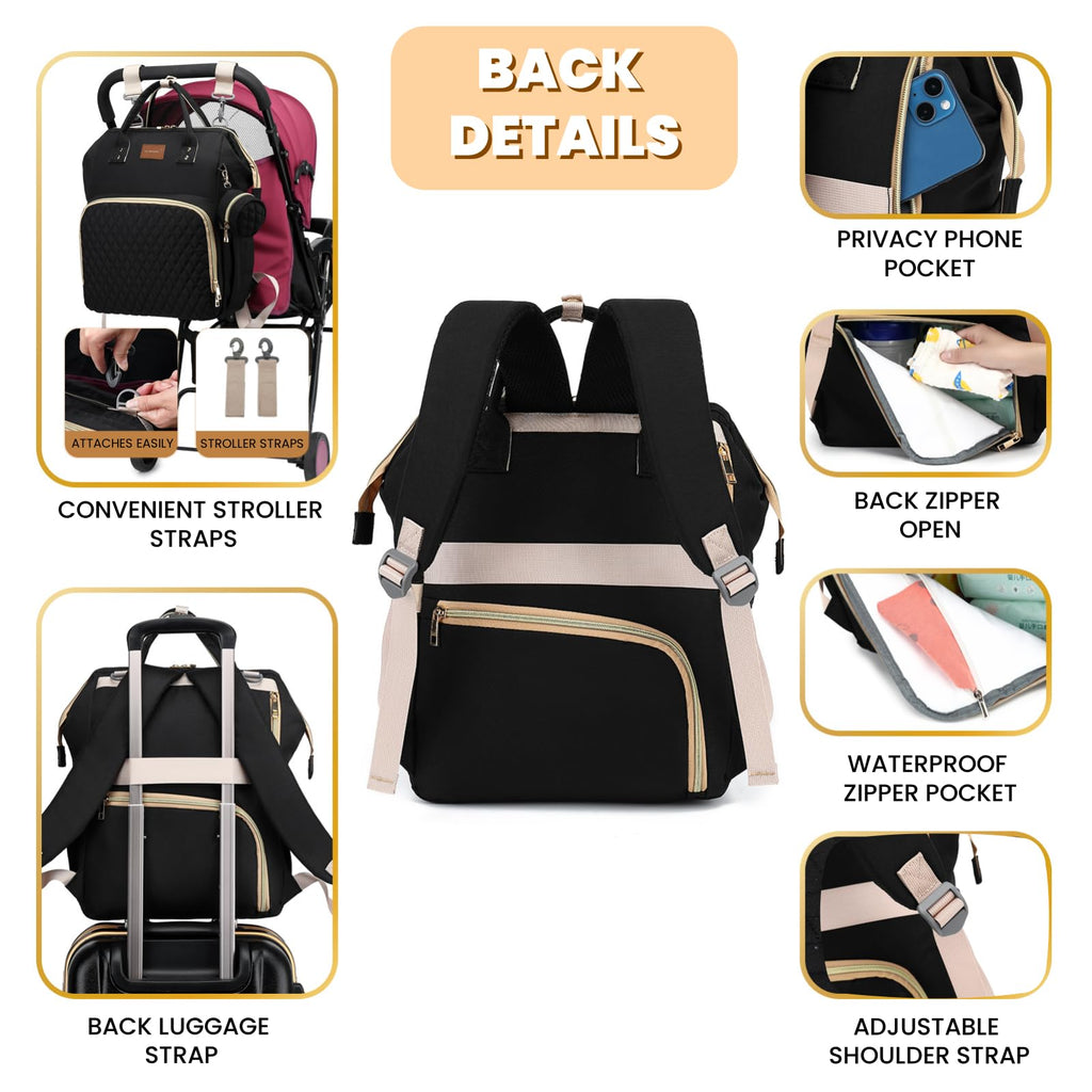 Black Waterproof Quilted Diaper Bag Backpack with Changing Pad A7253