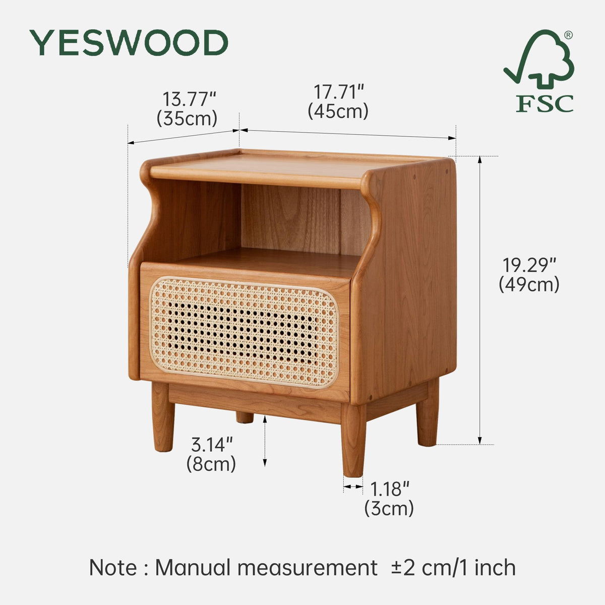 Cherry Wood Rattan Nightstand with Drawer T354