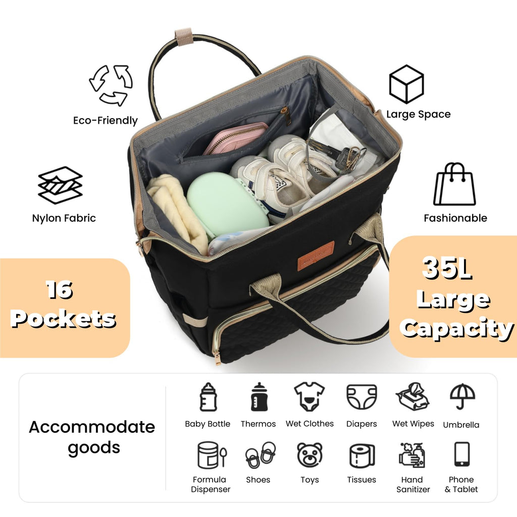 Black Waterproof Quilted Diaper Bag Backpack with Changing Pad A7253