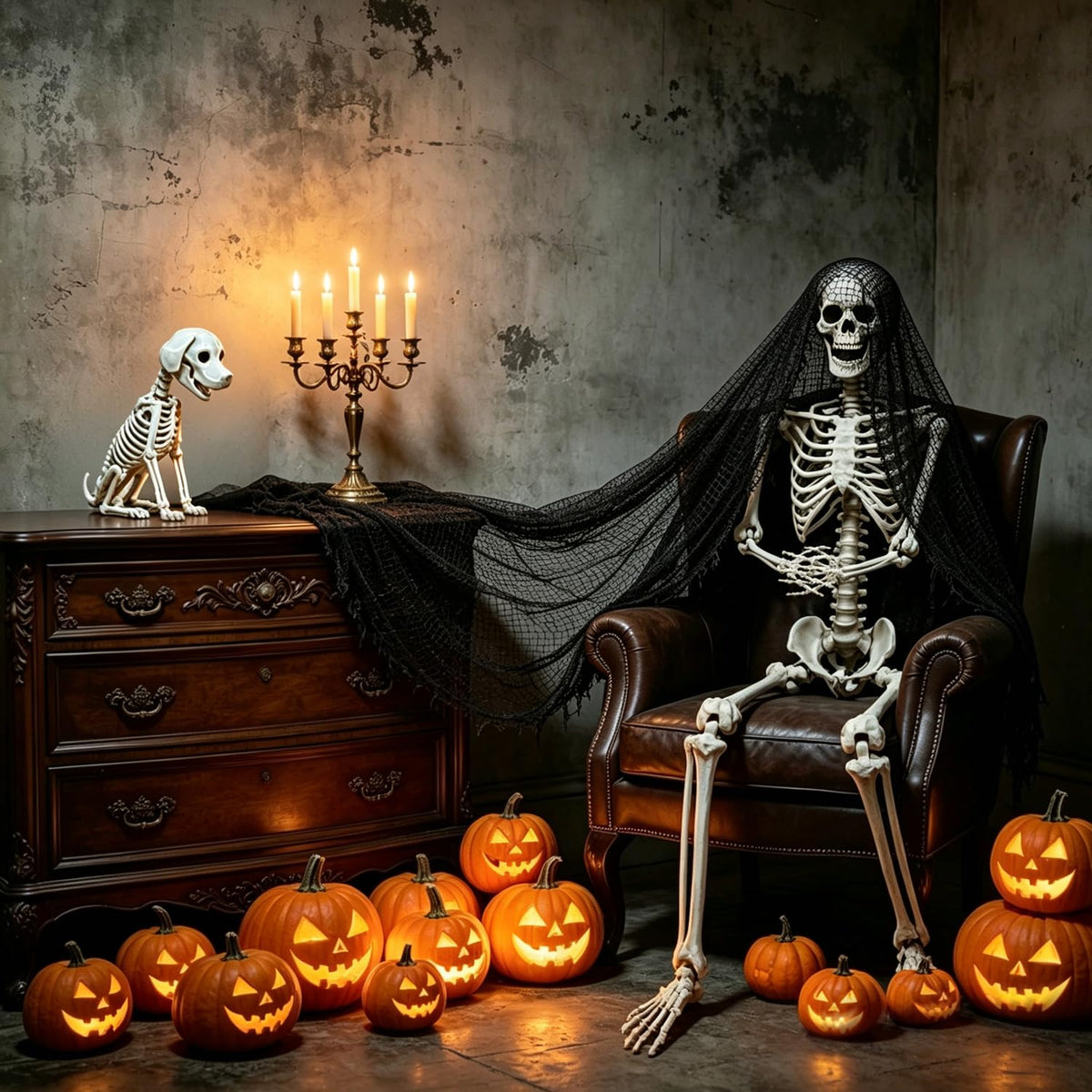 Life Size Posable Skeleton with Dog & Creepy Cloth W5147