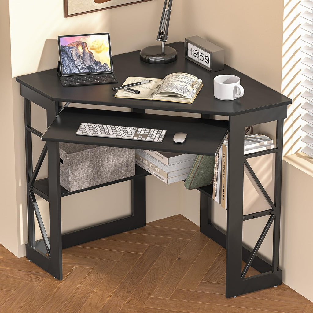 Black Corner Computer Desk with Keyboard Tray D9438