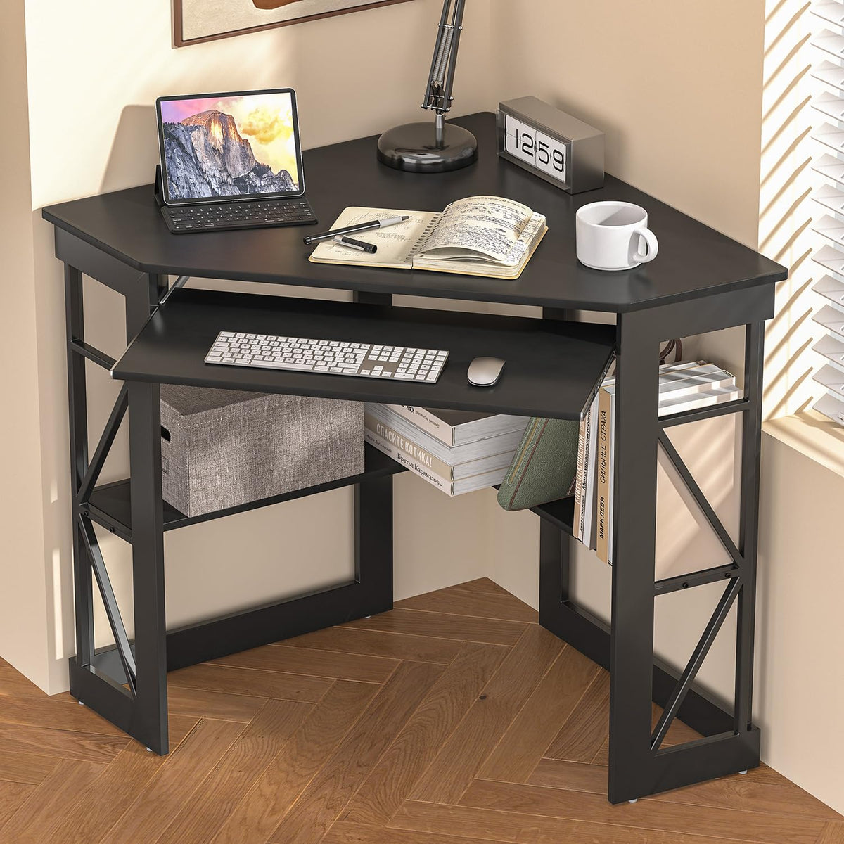 Black Corner Computer Desk with Keyboard Tray D9438
